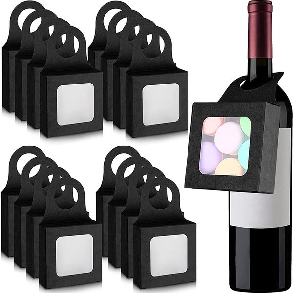 Scatola per bottiglia di vino marrone nero con set di sacchetti per vino in organza per finestra Set di scatole regalo pieghevoli per vino da appendere Scatole per vino per porta regali