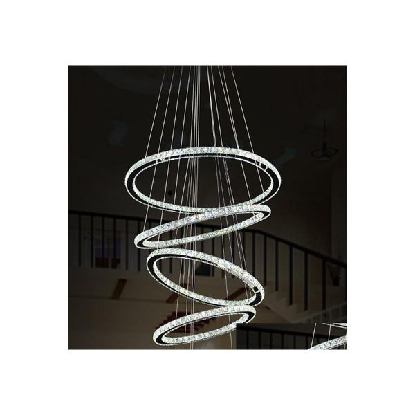 Lampadari Nordic Chandelier Light Fixture Modern Luxury Diamond K9 Crystal Rings Lampada a sospensione 5 Circle Chrome Illuminazione interna Drop Dhtzf