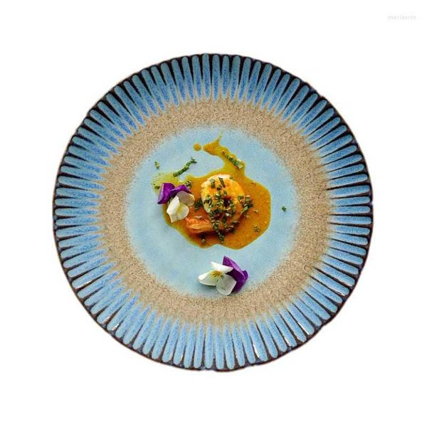 Teller Ofen dreht sich blau gestreift Keramikteller rund Abendessen Restaurant dekoratives Geschirr Steak-Set und Geschirr