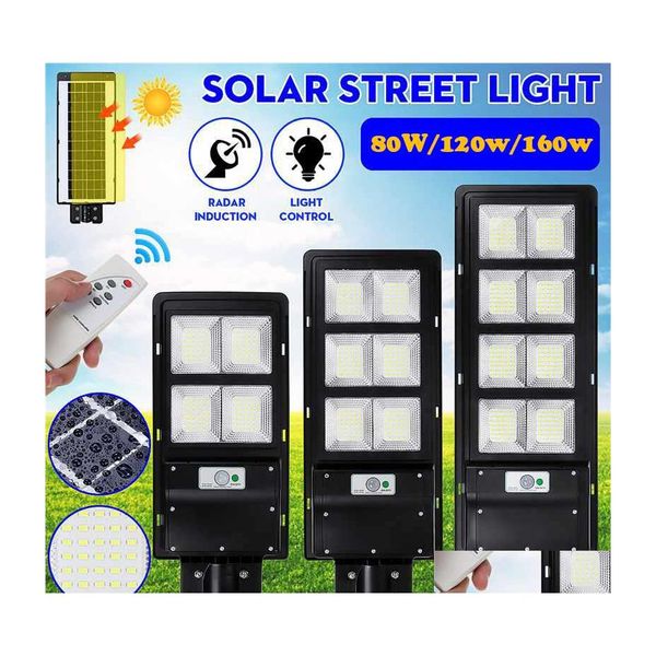 Solar Street Light 80W 120 Вт 160 Вт светодиодная лампа водонепроницаемость IP65 Радарная стена движения с пультом дистанционного управления для Villas Garden Yard Doproad Dh5je