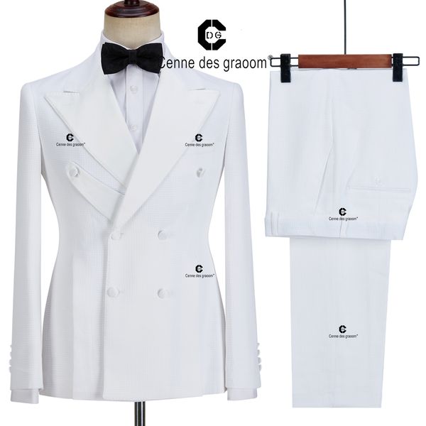 Herrenanzüge Blazer Cenne Des Graoom Smoking für Männer Weiße zweireihige Jacke Blazer Hosen 2-teiliges Set Hochzeit Luxus Bräutigam Party 230209