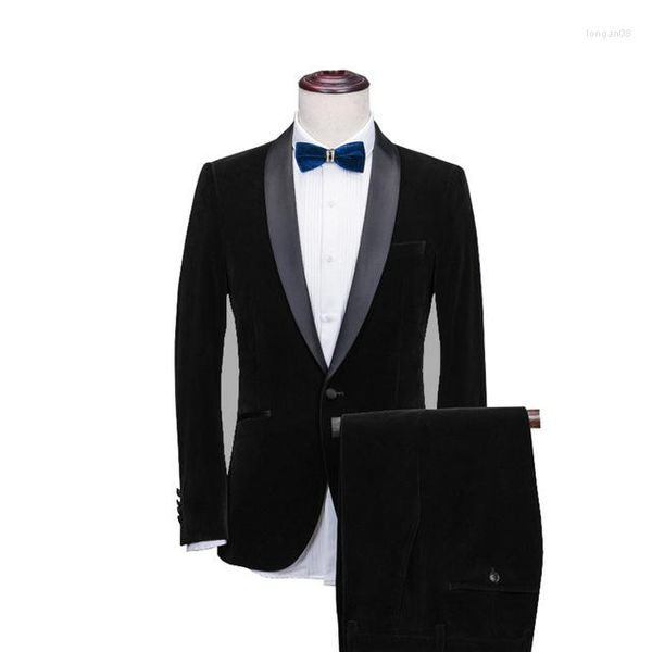 Herrenanzüge Herren Schalkragen 2 Stück Slim Fit Blau Burgunderrot Schwarz Grün Anzug Samt Smokingjacke für Hochzeit (Blazer Hose Krawatte)