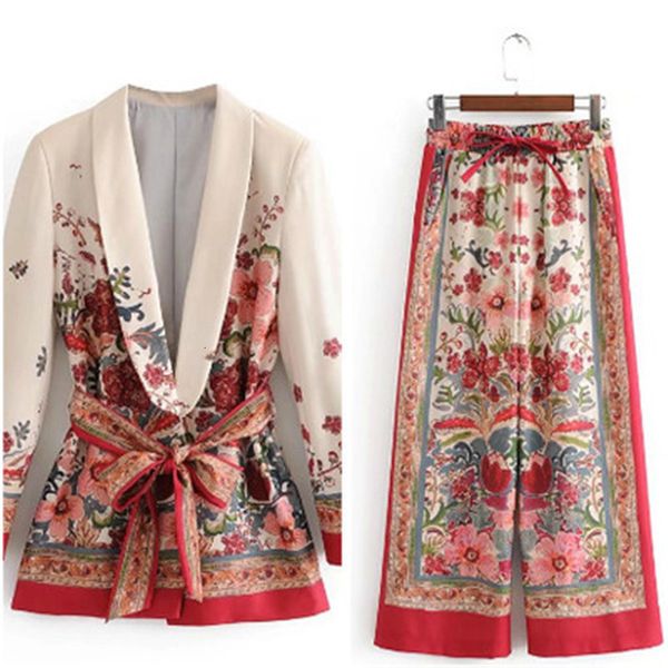 Palnta de duas peças de duas peças jaqueta floral blazer com cinto de terno de calça de perna larga Conjunto de capa de escritório