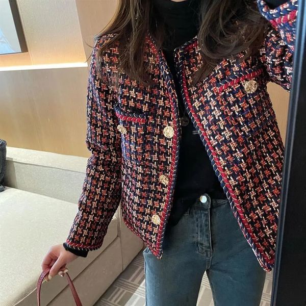 Ternos femininos blazers elegante tecer xadrez mulheres blazer bolso mais veludo inverno causal tweed casaco escritório senhoras terno jaqueta 230209