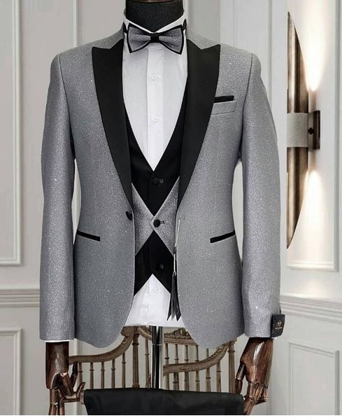 Herrenanzüge, Blazer, Blazer-Sets, 3-teilig, Slim-Fit, neuestes Design, Hochzeit, glänzender Anzug für Männer, 2023, Custome One Button Tuxedo, männliches elegantes Kleid