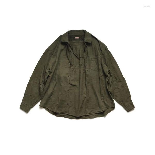 Herren-Freizeithemden KAPITA 23AW Militärgrünes Baumwoll- und Flachs-Waschfalten-Multifunktions-Langarmhemd für Männer und Frauen