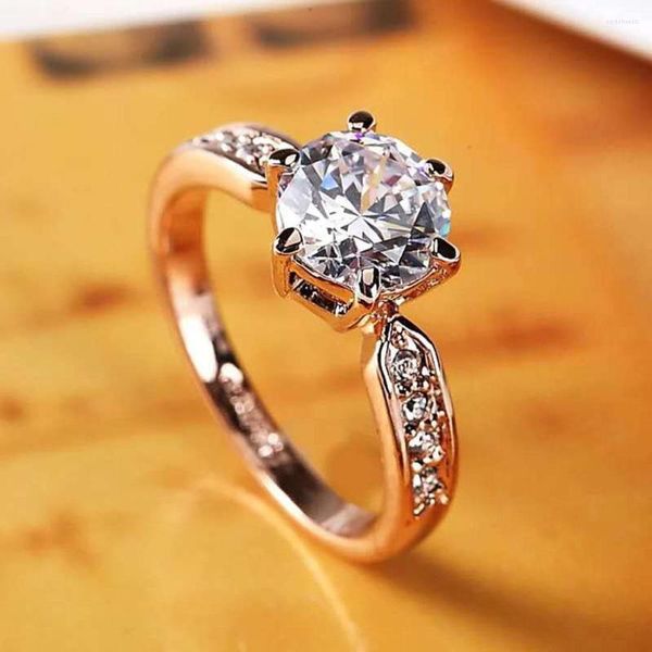 Anéis de casamento 1pcs Copper Patiled Gold Rose Ajustável Aberto seis garras Mulheres anel de noivado de zircão Crystal Crystal Classic Finger Jóias