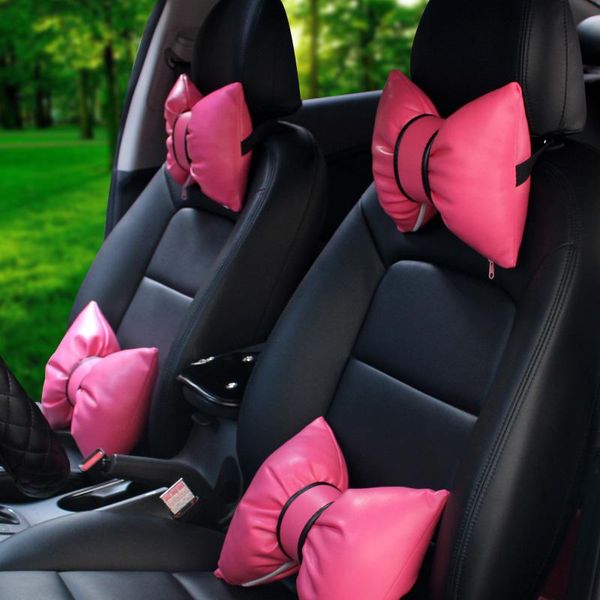 Cuscini di seduta Cute Bowknot PU Cuscino per il collo dell'auto in pelle Cuscino per il supporto della vita Cuscini per il poggiatesta di sicurezza automatica Accessori rosa rosso per le ragazze