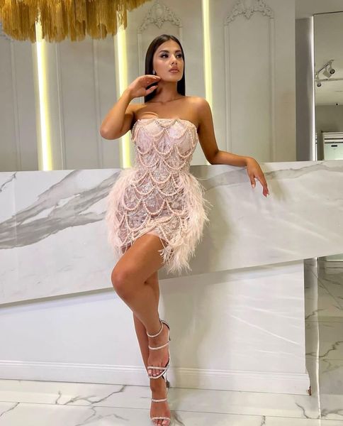 Abiti da ballo corti rosa senza maniche Bateau senza spalline Appliques Mini paillettes Perline Lunghezza pavimento Perle celebrità Abiti da sera lunghezza coscia Plus Size Custom Made