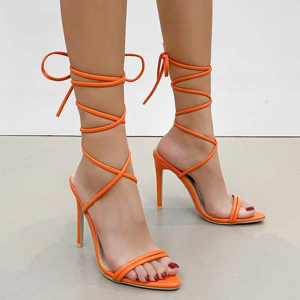 Sandalen 2022 Sommer Mode Orange Ankle Cross Strap Frauen Sandalen Sexy Spitze Up Karree Weibliche High Heels Party Schuhe t230208