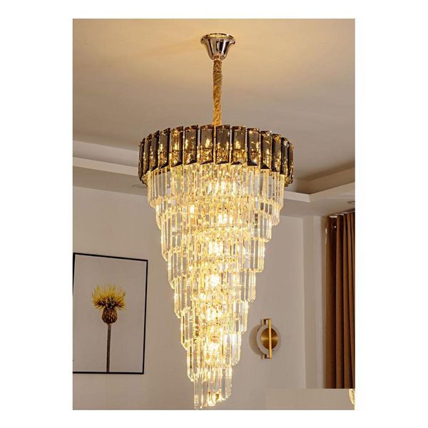 Lampadari Led E14 Cristallo di lusso Lampadario lungo dorato Duplex Edificio Lampada a sospensione vuota Lampada grande Lampada moderna Villa Hall Dha0U