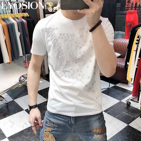 T-shirt da uomo T-shirt da uomo in cotone 2022 Top estivi Hot Drill Short Slim Fit Plane strass Disegni stampati Taglie più grandi Homme Tee Abbigliamento T230209