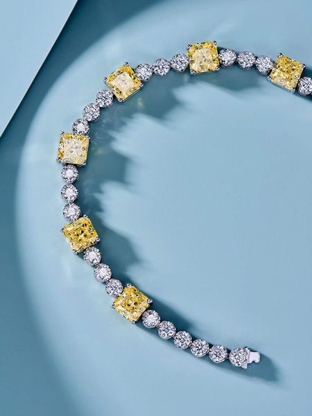 Pulseiras cl￡ssicas de t￪nis de diamante quadrado de prata esterlina 925 pulseiras amarelas de bracelete de cristal de zirc￣o