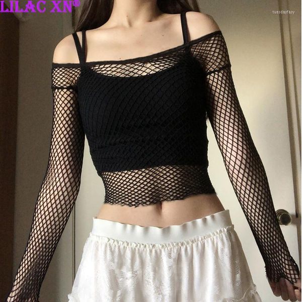 T-shirts Femmes Lilac XN Sexy Hollow Out Mesh T-shirts à manches longues pour femmes Y2K Esthétique Noir Bodycon Crop Top Summer Basic Tee