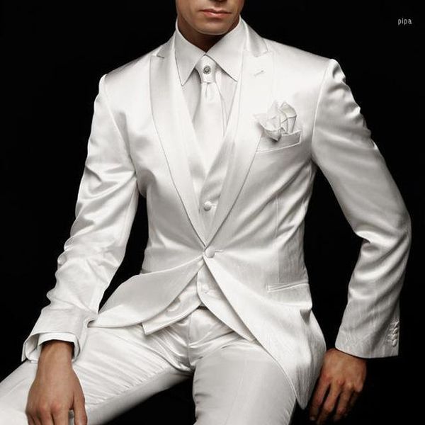 Erkek takım elbise beyaz düğün adam takım elbise damat smokin 2023 ince fit balo partisi özel saten erkekler 3 adet ceket pantolon yelek erkek blazer