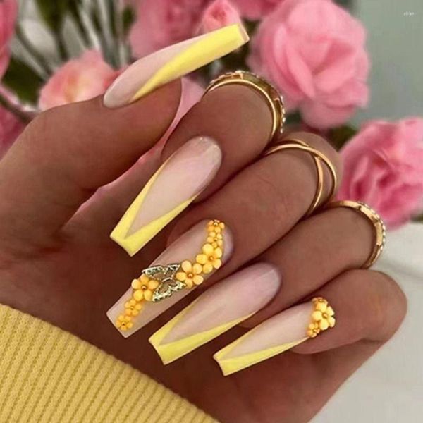 Unghie finte 24 pezzi punta per unghie bara copertura completa francese ondulato amore cuore fiore giallo lunga ballerina finta