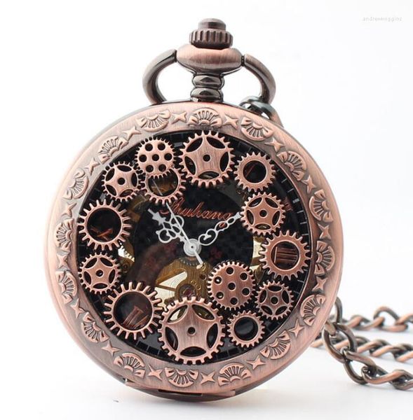 Relógios de bolso 20pcs/lote vintage Red Copper steampunk engrenagens oco com relógio mecânico de mão de vento de vento de vento homem presente de mulher presente para mulheres presentes