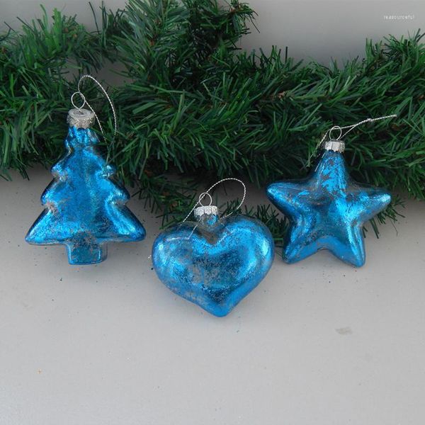 Decoração de festa 6pcs/embalagem diferente forma de lençol azul de vidro pingente de vidro de Natal pendurado decorativo decorativo de presente árvore estrela do coração
