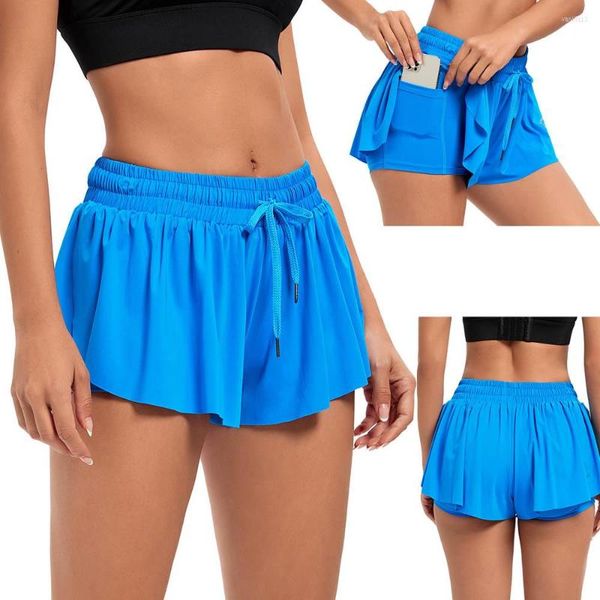 Koşmak Şort Kadınlar 2 Arada 1 Flowy Fitness Egzersiz Sıradan Drawstring Yüksek Bel Atletik Rahat Yaz Etek Cepleri