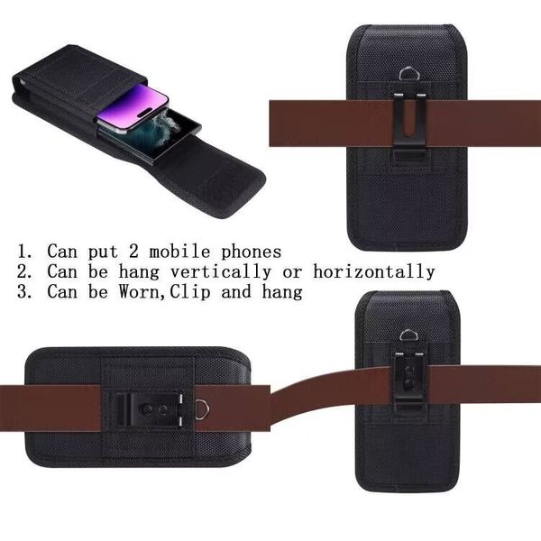 Allgemeine 6,5 6,7 6,8 6,9 Zoll horizontale Vetical-Hüllen für iPhone 15 14 Plus 13 12 11 Pro Max Samsung S23 Plus S22 Ultra Oxford-Stoff-Hüftclip-Holstergürtel Zwei Handytasche