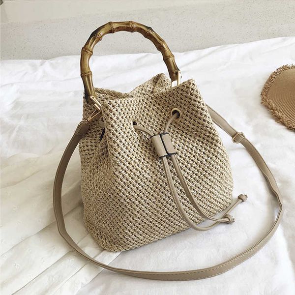 Yeni kadınlar bohem crossbody çanta çizim saman dokuma kova çantaları kadın rattan hasır bambu sap plaj çanta 230209