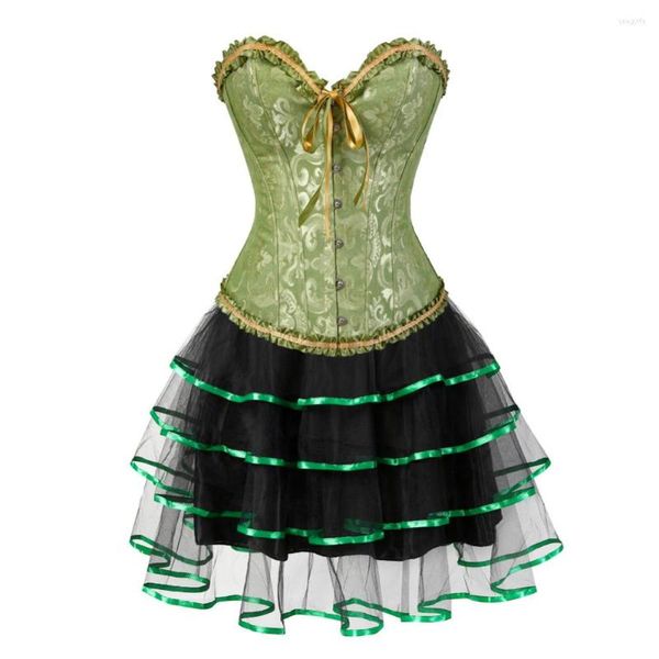 Bustier Corsetti Greem Corse Lingerie Donna Sexy Overbust Corsetto con gonna di pizzo Abito Costume di carnevale Showgirl Vita Tranier