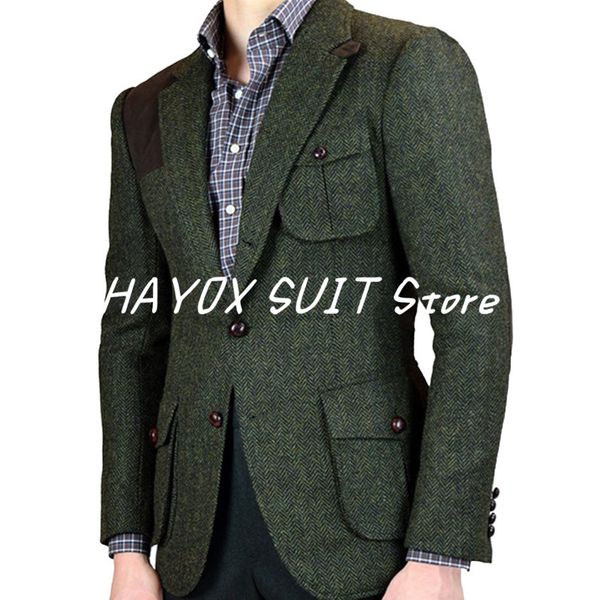 Abiti da uomo Blazer Giacca verde scuro Giacca a spina di pesce monopetto multitasche Cappotto Sposo Groomsmen Blazer di lana per banchetti di nozze 230209