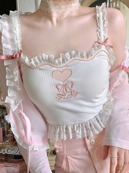 Женские танки Camis Pink Korean Style Kawaii Lolita Vset Женщины белый японский милый милый майку женский синий кружево сексуальный французский принцесса топ 230209