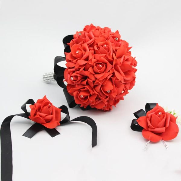 Flores decorativas grinaldas de 3 PCs Bridal Brideshamid Red Rose Handder Bouquet Boutonniere Corsage Set Set Party Party Bride Acessor