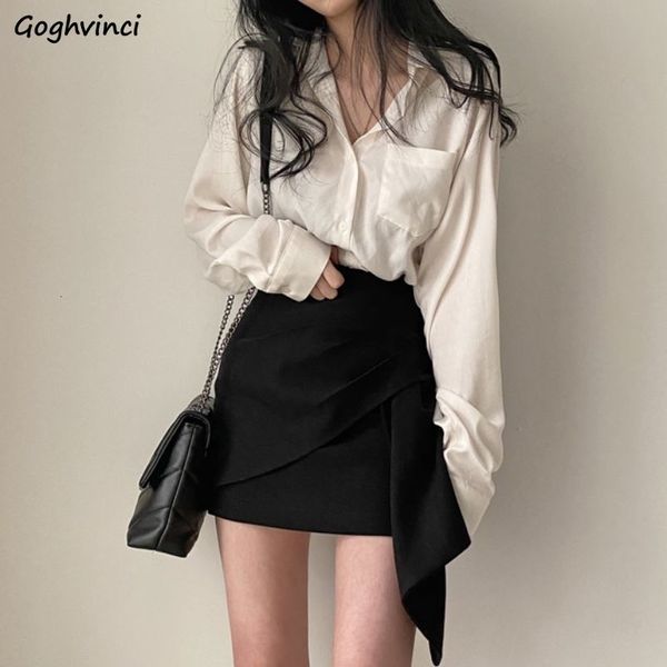 Abito a due pezzi Set da donna Camicie solide a maniche lunghe Mini gonne irregolari Femmine OL Slim Sexy Stile coreano Chic Elegante Snello 230209