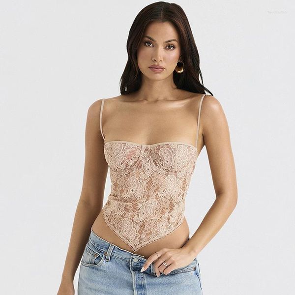 Женские футболки T 2023 Fashion Sexy Women Women Skinny Backless Crop Bustier Vintage Floral Lace Corset Cami Top Y2K Эстетический Fairycore Retro Retro