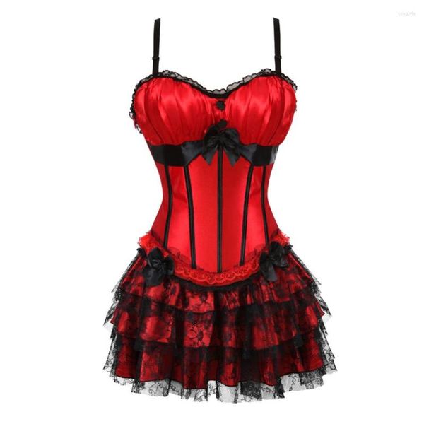 Bustier Corsetti Corsetto a strisce rosse e minigonna in pizzo con cinghie con coppe Lingerie Showgirl Dance Dress S-2XL