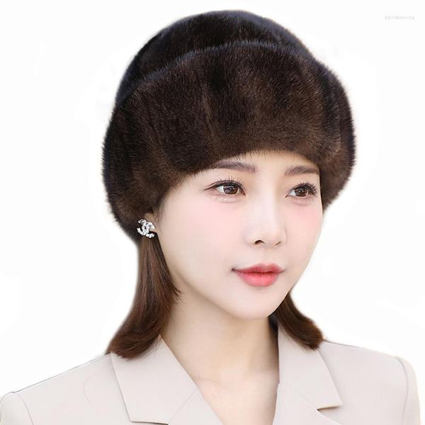 Berets Ladies Fur Hat 2023 Зимние мягкие русские норки Женщины с повязкой на открытом воздухе Ski Ski Shi -Marmuff сохраняйте теплое ведро