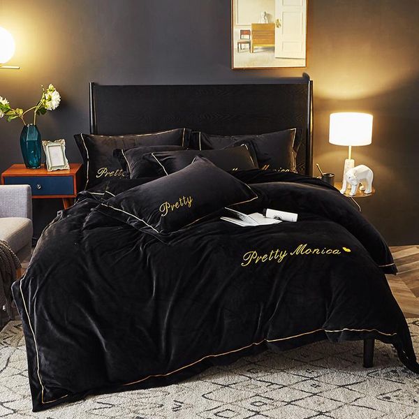 Bedding conjunta cinza preto de luxo de lã de lã de bordado de bordado lençóis lençóis de linho