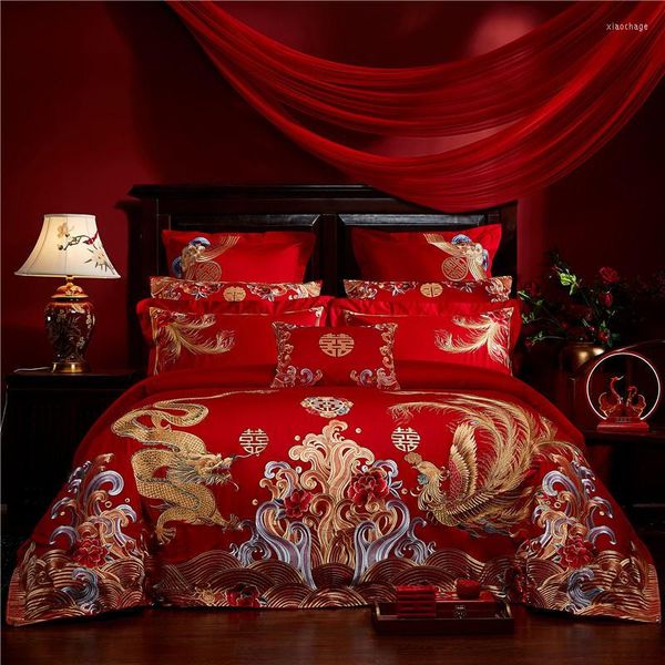 Set di biancheria da letto 100S Set di cotone egiziano di lusso Matrimonio cinese Loong Phoenix Ricamo Copripiumino rosso Lenzuolo Federa di lino