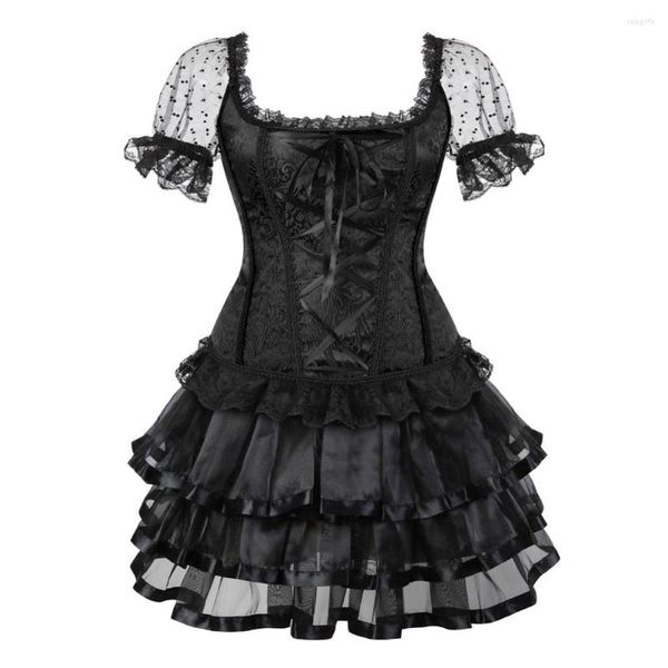 Bustier Corsetti Corsetto Burlesque Costume Donna Sexy Bustier Overbust Vintage Tutu Gonna Plus Size Abito floreale in pizzo con maniche