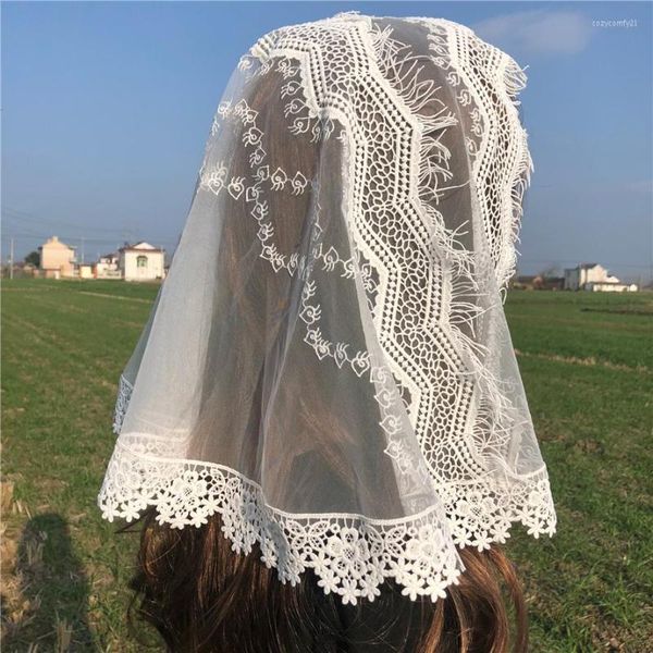 Mantilheira de véu católico de renda feminina para véu para a igreja que cobre as flores da capela de lenço de lenço Tassel Missa Voile Shawl de lenço Dentelle