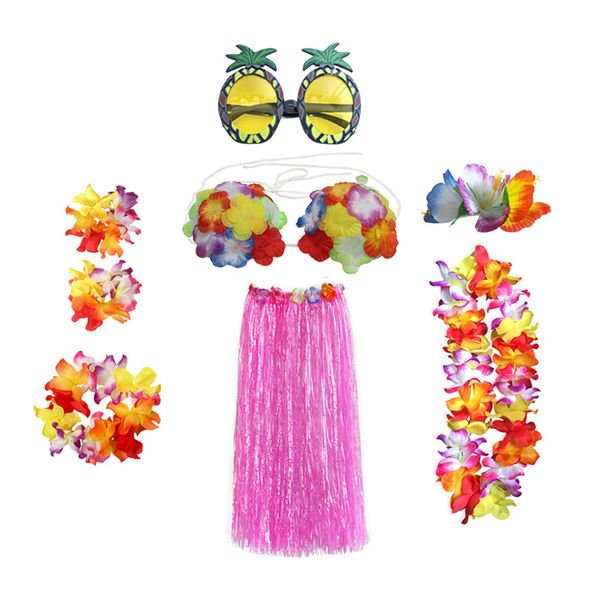 8 pezzi decorazioni per feste Luau 31,5 pollici gonne di erba hawaiana hawaiana lei ibisco fermaglio per capelli ananas occhiali da sole per Hawaii Luau Party