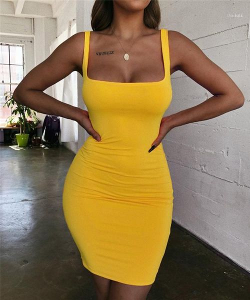 Vestidos casuais espaguete com cinta sexy vestido corporcon verão amarelo neon verde preto laranja laranja elegante mini -curto 20231