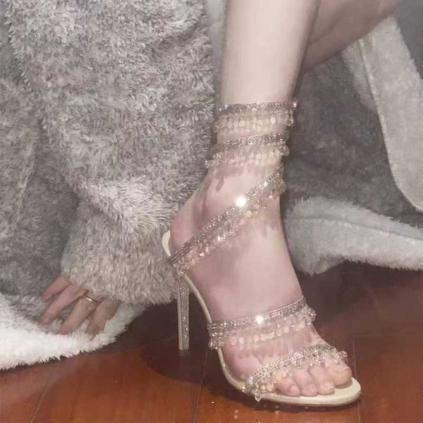 Stiletto Topuk Sandallar Lüks Tasarımcı Topuk Kristal Lamba Kolye Rhinestone Twining Ayak Yüzüğü Yüksek Topuklu Kadınlar Gelinlik Ayakkabı Dar Bant 100mm Topuk Kutu