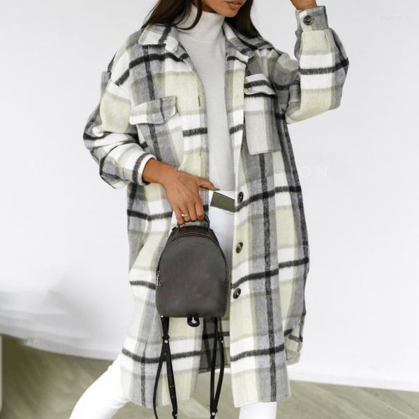 Trench da donna 2023 Giacca invernale da donna a quadri Cappotto caldo scozzese Cappotto lungo Oversize Misto lana spessa Streetwear femminile Phyl