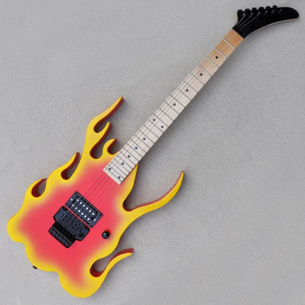 Chitarra elettrica a forma di fiammata insolita personalizzata di fabbrica con pickup H Floyd Rose 24 tasti Tastiera in acero Offerta personalizzata