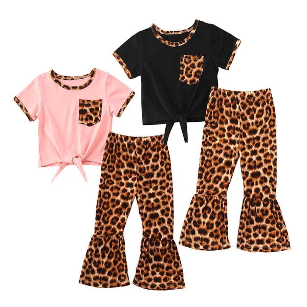 Одежда наборы детская одежда для девочек костюм розовый карман с коротким рукавом топ модный леопардовый припечаток широкие брюки для ног 2pcssets Малышка одежда W230210