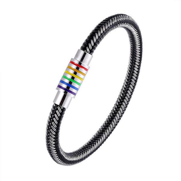 Cadeia de link Designer exclusivo Black/White Genuine trançada Homens de aço inoxidável orgulho gay Rainbow Charms magnéticos Bracelet Women Gift G230208