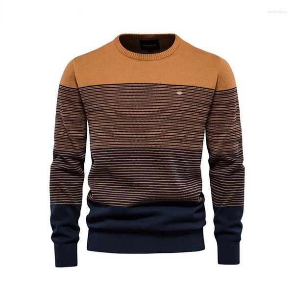 Camisolas masculinas 2023 Autumn Winter Kniting Top top elegante de manga longa de manga moderna masculina Sweater Slim Fit Round Neck Stripe Casual