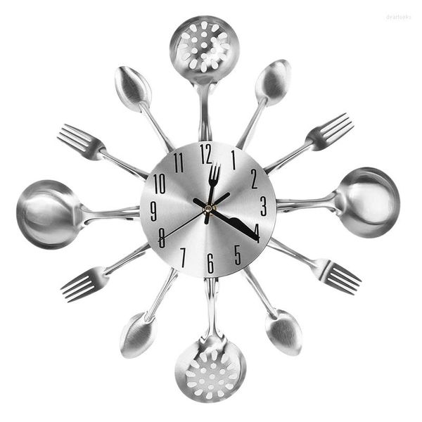 Relógios de parede Relógio de cozinha de metal 14 polegadas com colher de garfo 3D Não marcha de quartzo relógio para decoração de casa do quarto