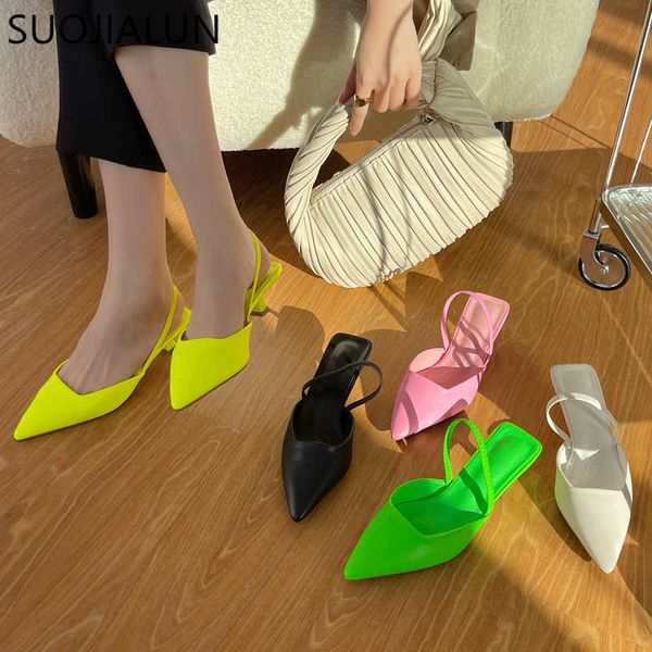 Sandali SUOJIALUN 2022 Primavera Slingback Sandali Décolleté con tacco basso Scarpe da donna Elegante Ciabatte con tacco a punta Punta a punta Slip On Scarpe eleganti T230208