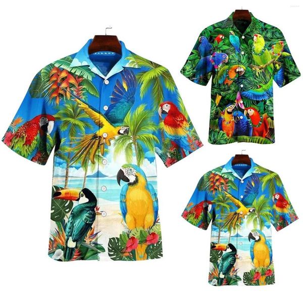 Camisas casuais masculinas 2023 Summer Men de manga curta Hawaiian Camisa Animal Parrot Impressão de retalhos de retalhos de colarinho de colarinho de rua chique