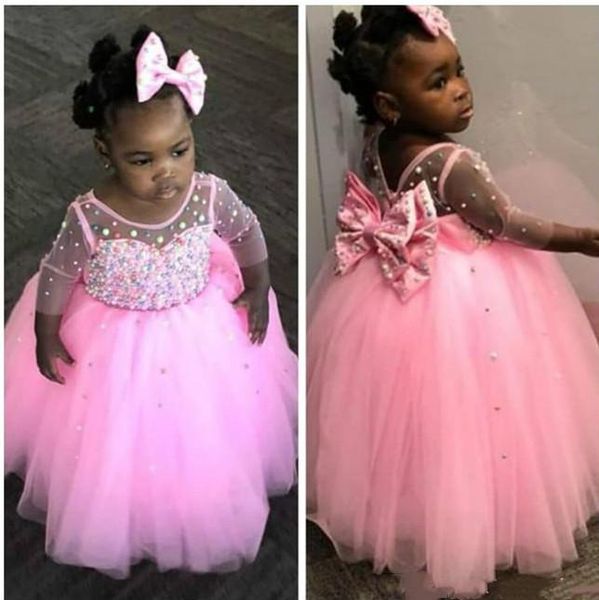 Abiti da ragazza Bambina carina Compleanno Perle Perline Top Puffy Tulle Manica lunga Little Princess Party Dress Occasioni speciali