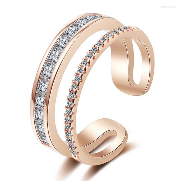 Anéis de casamento coreanos simples empilháveis ​​de camada dupla rosa ouro cúbico zirconia cor de prata anel de noivado ajustável para jóias femininas